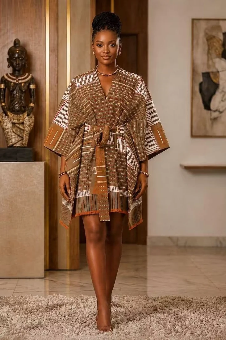 Kimono en pagne tissé brun et crème porté ceinturé, sur robe courte