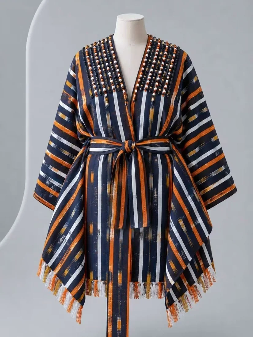 Franges d'un kimono rayé noir et orange